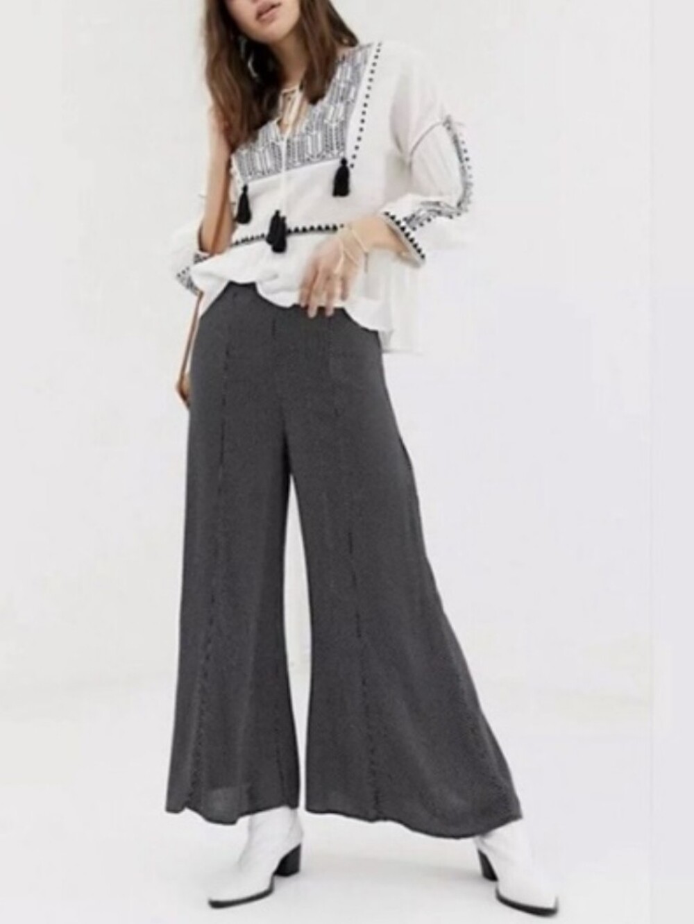Free People High-Waist Black White Polka Flare Wide Leg Pant 4 Boho Chic Classic